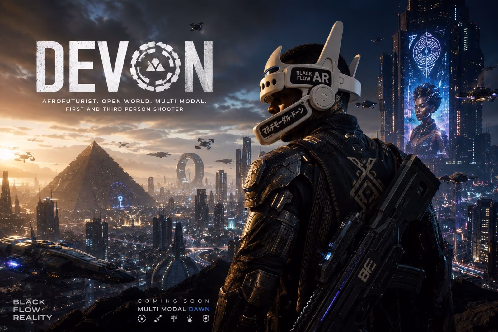 Concept art for Devon: an Afrofuturist cyberpunk city at dawn