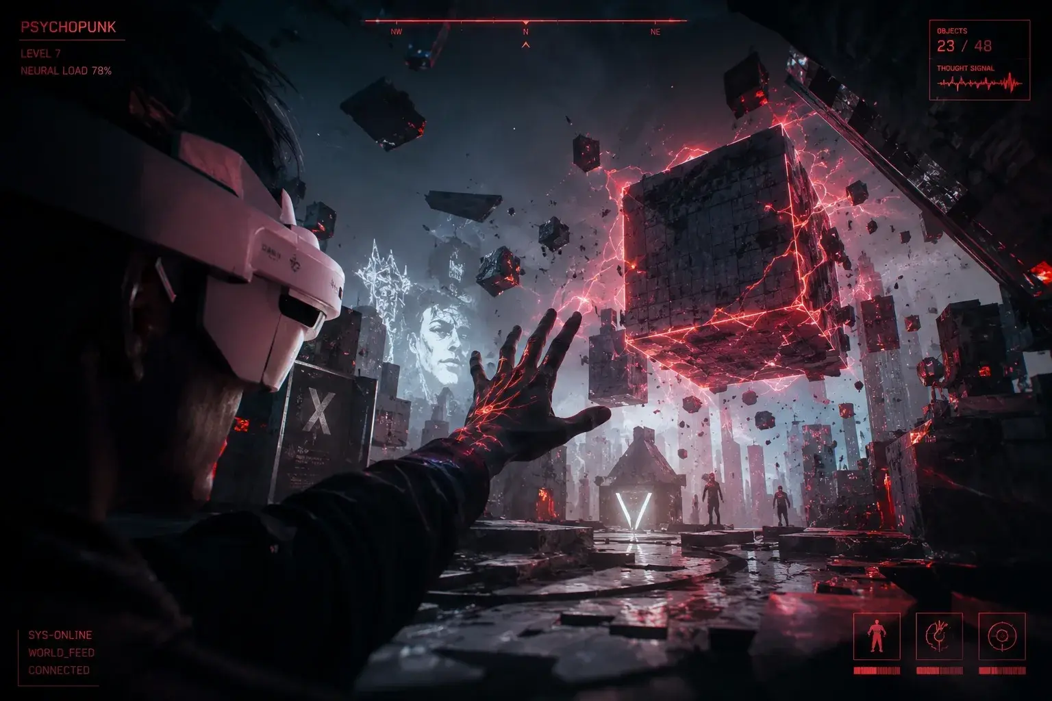 Psychopunk in-game screenshot: a player wearing the headset manipulates floating digital cubes with neural energy in a dark, ruined cyberpunk world
